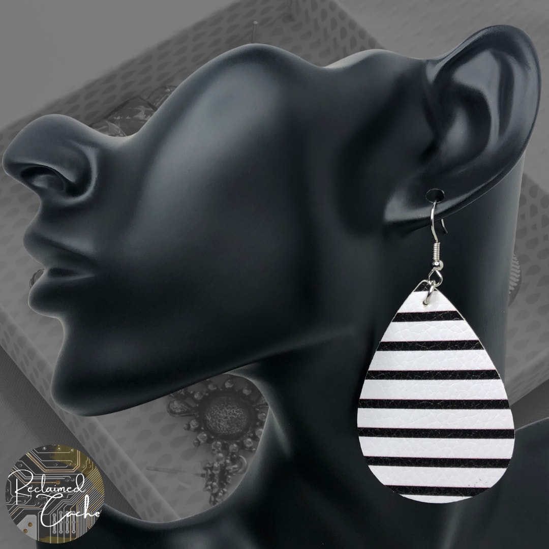 White And Black Faux Leather Teardrop Earrings